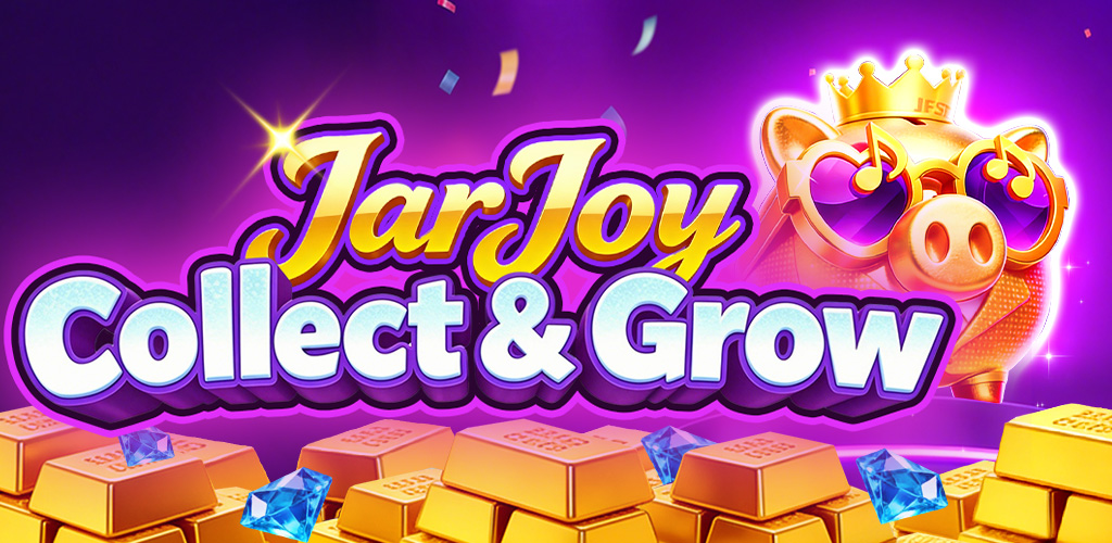 JarJoy Collect and Grow banner with golden piggy vault and treasure